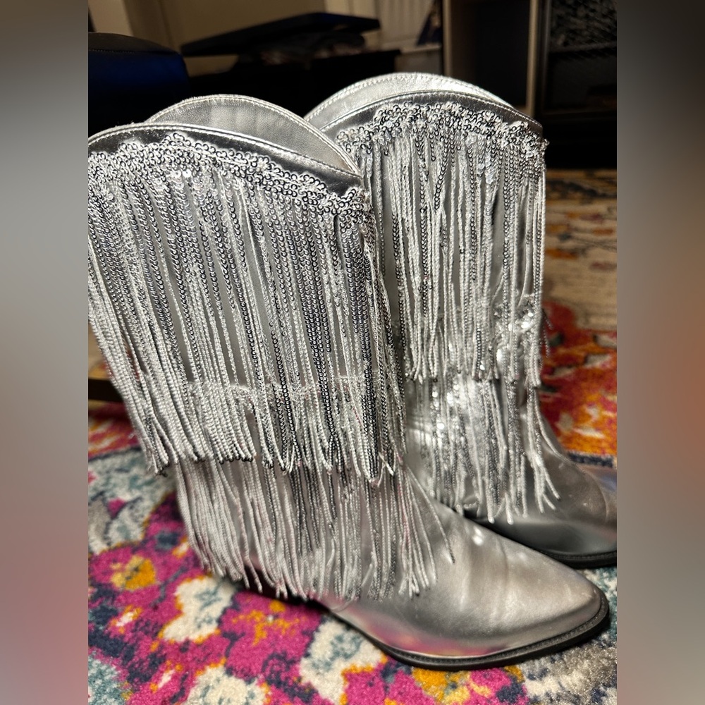 Silver Heeled Boots with Dramatic Fringe